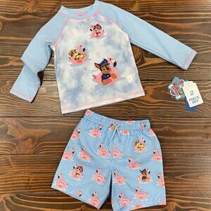 NEW 2Pc 12M Boys Paw Patrol Flamingo Rashguard & Swim Trunks